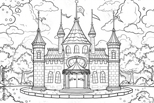 Wallpaper Mural A whimsical black and white illustration of a fairytale castle, perfect for coloring. Features towers, flags, and a grand entrance. Torontodigital.ca