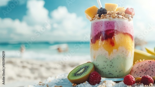 A multi-layered tropical smoothie displays vibrant colors of juicy fruits, topped with granola and kiwi, while beachgoers enjoy a perfect sunny day in the backdrop. photo