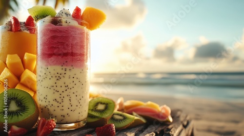 An assortment of tropical smoothies stands elegantly on a rustic surface by the ocean, with an array of fruits like mango and kiwi under the illuminating sunrise sky. photo