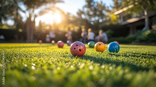 Colorful bowling balls on a green lawn with a group of people playing in the background.