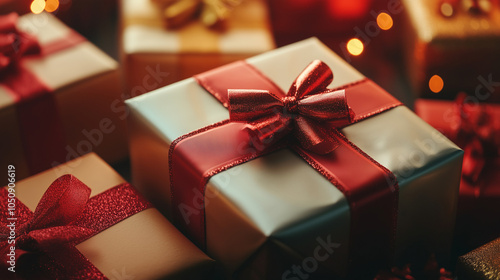 Stack of craft gift boxes with ribbon, elegant minimalist design, gift box for birthday, wedding, anniversary, party, event, gift guide, retail idea, advertising, Christmas gifts. AI generation