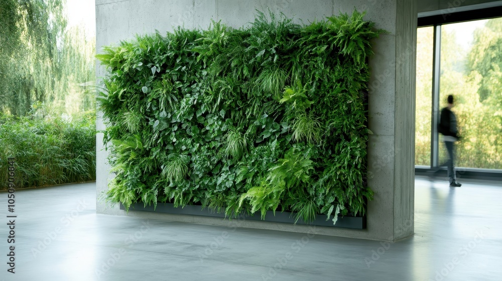 Fototapeta premium The vibrant vertical garden decorates the modern concrete interior, infusing the space with lush greenery and nature, creating a refreshing and calming atmosphere.