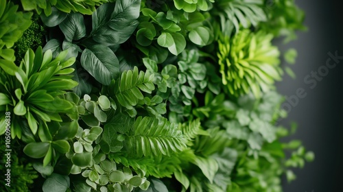 A detailed view of a lush, green vertical plant wall, showcasing a variety of leafy textures and shades, ideal for enhancing modern interiors with natural beauty. photo