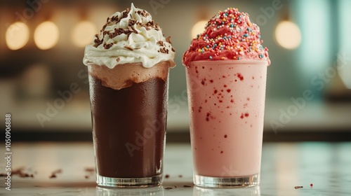 Rich chocolate and pink milkshakes, perfectly topped with whipped cream and colorful sprinkles, temptingly displayed on a table in a perfect arrangement. photo