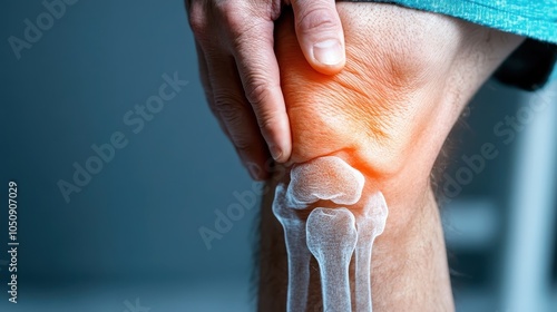 In this medical illustration, the knee joint is highlighted, showcasing the aligned bones and soft tissues, aiding in understanding human mobility and joint health. photo