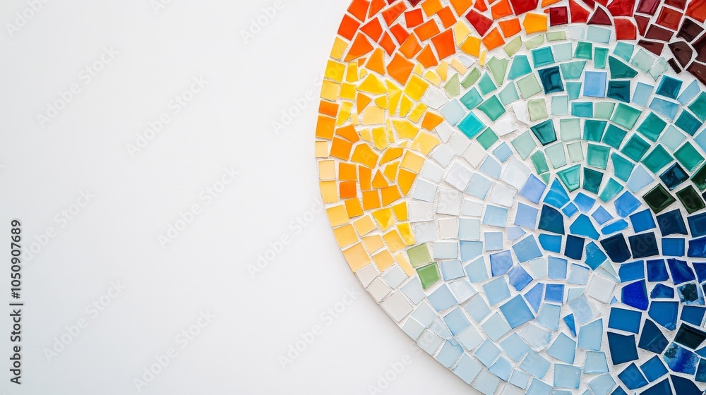 Obraz premium A vibrant mosaic tile on a plain white background representing unity and diversity, Highlighting how individual pieces create a cohesive whole, minimalistic style
