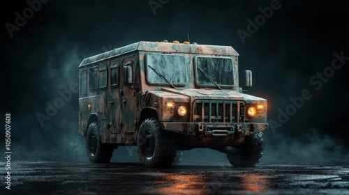 A rugged old military vehicle enduring harsh weather conditions while parked, symbolizing resilience, strength, and history amidst adverse circumstances. photo