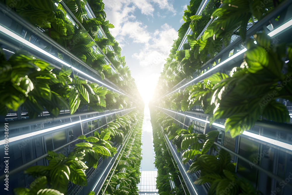 Lush vertical garden with vibrant green foliage reaching towards a bright sky, showcasing modern sustainable architecture. Lush vertical garden with vibrant green foliage reaching towards a bright sky, showcasing modern sustainable architecture.