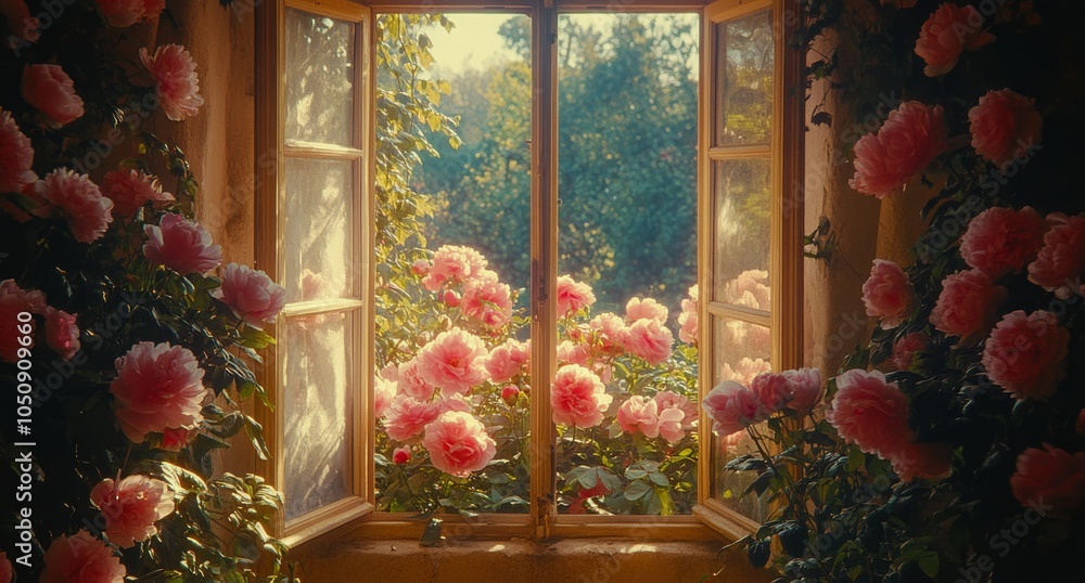 Sunlight streaming through a window surrounded by blooming peonies in a lush garden setting Sunlight streaming through a window surrounded by blooming peonies in a lush garden setting