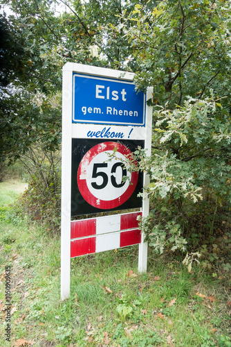 Place name sign for the village of Elst, municipality of Rhenen (also speed limit of 50 km per hour)