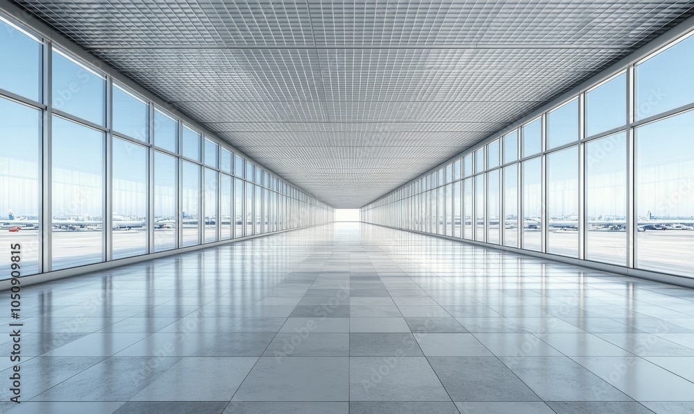 Spacious airport terminal corridor with large windows overlooking parked airplanes during daylight Spacious airport terminal corridor with large windows overlooking parked airplanes during daylight