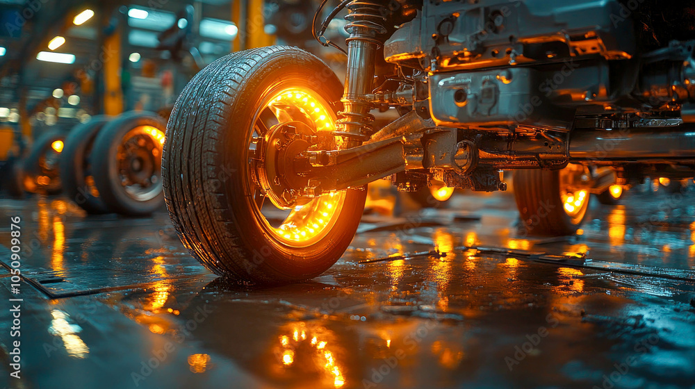 Fototapeta premium Close-up of a car tire being removed in a garage, sparks flying around during the repair process