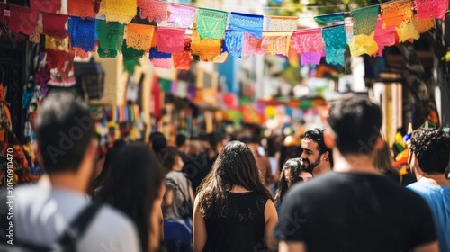A vibrant street scene with people of different ethnicities celebrating cultural heritage in a multicultural festival, Illustrating cultural diversity and community spirit, photography style