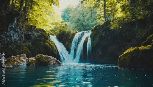 Serene Waterfall in a Lush Forest