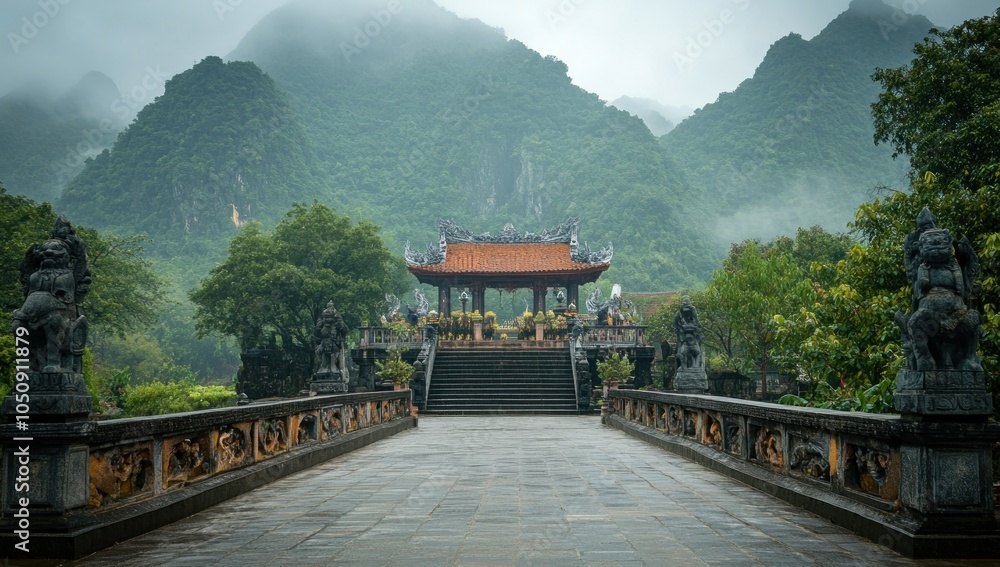 Obraz premium Ancient Temple Pathway in Lush Green Mountains