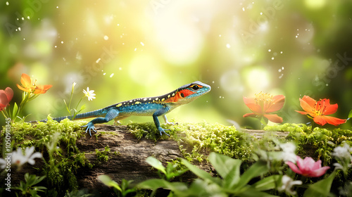 A Rainbow Whiptail Lizard Gracefully Climbing a Moss-Covered Log in the Heart of a Rainforest Bursting with Life and Color photo