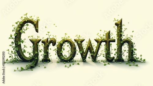 Green vines and leaves engulf Growth in elegant slender letters