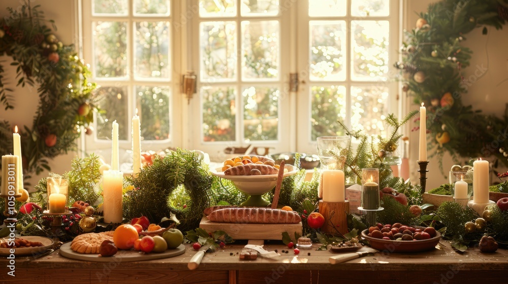 Obraz premium A table with candles, evergreen wreaths, and fruit on it
