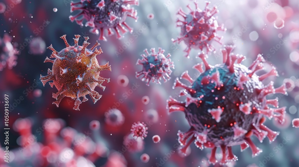 Illustration of coronaviruses in a microscopic view, showing virus structure and cellular background Illustration of coronaviruses in a microscopic view, showing virus structure and cellular background