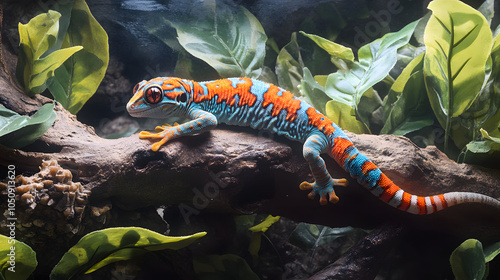 Gold Dust Day Gecko Basking on a Branch with Sunlight Filtering Through Lush Green Leaves. photo