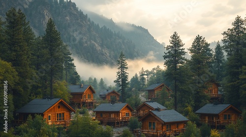 A quaint cluster of wooden cabins nestled in a valley surrounded by lush forests and fog.