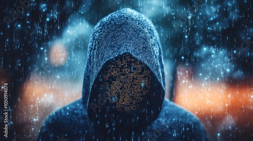 A mysterious figure cloaked in a hood stands in the rain against a richly sparkling abstract background photo