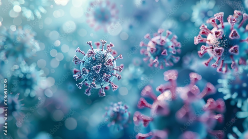 Illustration of coronaviruses in a microscopic view, showing virus structure and cellular background Illustration of coronaviruses in a microscopic view, showing virus structure and cellular background