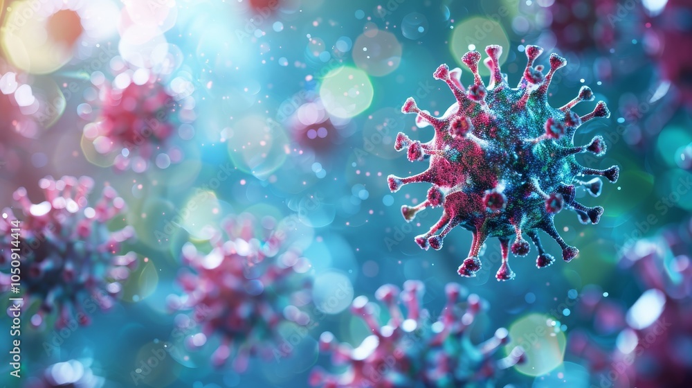 Fototapeta premium Illustration of coronaviruses in a microscopic view, showing virus structure and cellular background