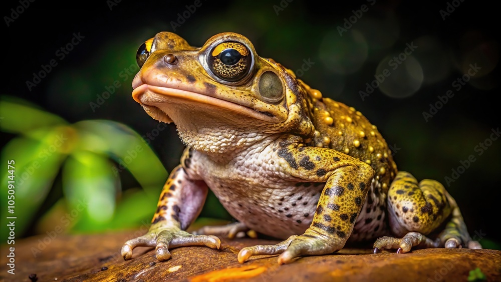 Fototapeta premium Unique perspective of a hammer toad in the Brazilian Atlantic Forest at night