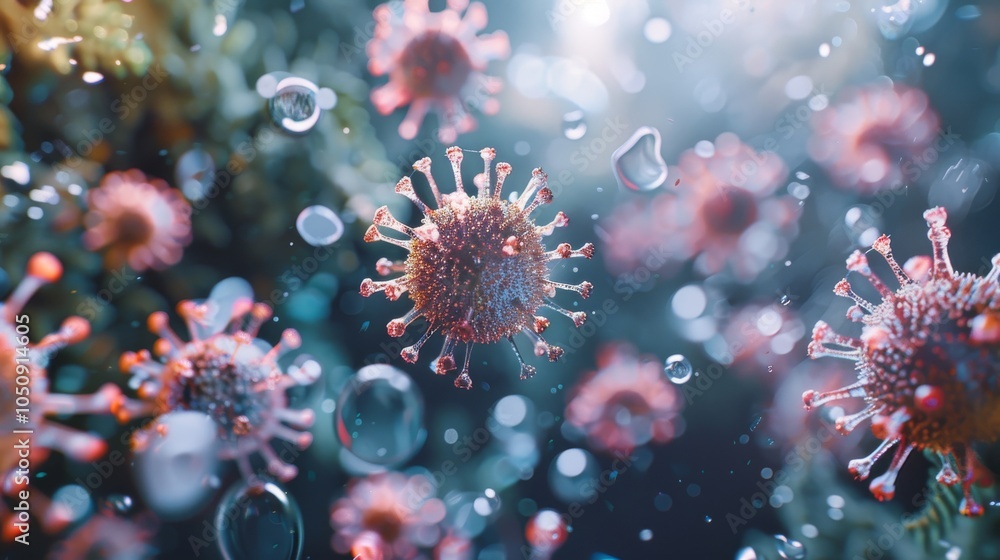 Fototapeta premium Illustration of coronaviruses in a microscopic view, showing virus structure and cellular background