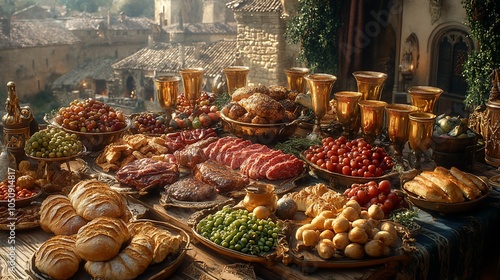 A lavish medieval feast with roasted meats, bread, vegetables, and wine, set on a wooden table with a medieval village in the background.