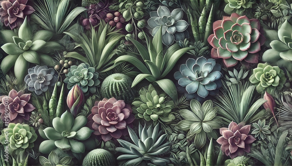 A beautifully detailed botanical background with succulents and exotic plants, Generative AI A beautifully detailed botanical background with succulents and exotic plants, Generative AI