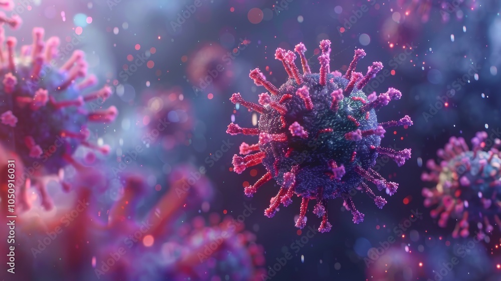 Illustration of coronaviruses in a microscopic view, showing virus structure and cellular background