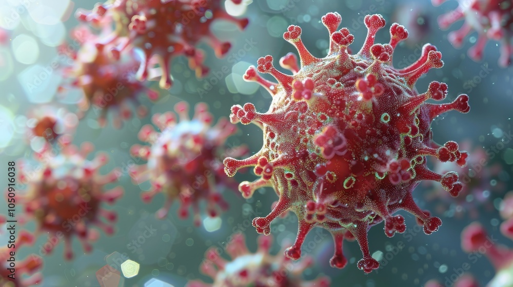 Illustration of coronaviruses in a microscopic view, showing virus structure and cellular background Illustration of coronaviruses in a microscopic view, showing virus structure and cellular background
