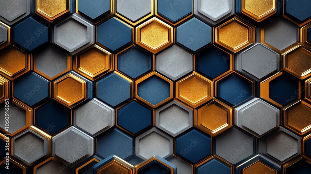 Abstract geometric pattern with silver, gold, and blue hexagons, creating a 3D effect. Abstract geometric pattern with silver, gold, and blue hexagons, creating a 3D effect.