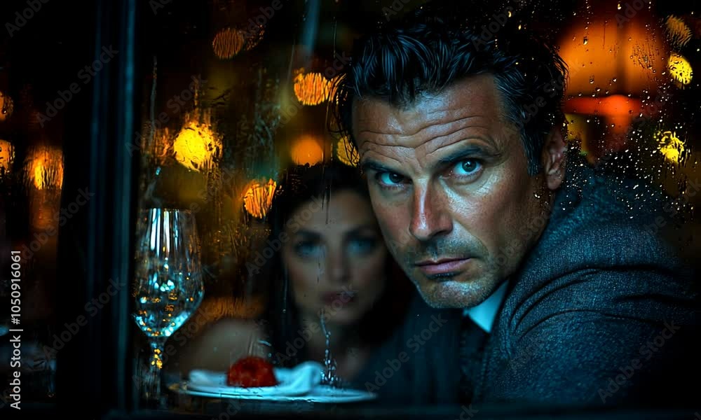 Intense man gazing out of a rain-drenched restaurant window, reflecting deep emotions, with elegant table setting and blurred background Intense man gazing out of a rain-drenched restaurant window, reflecting deep emotions, with elegant table setting and blurred background