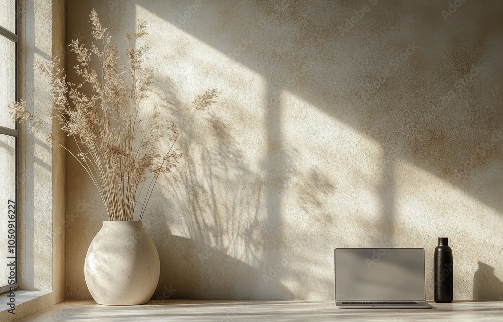 Morning light illuminates a cozy workspace with a laptop and decorative vase in a minimal room Morning light illuminates a cozy workspace with a laptop and decorative vase in a minimal room