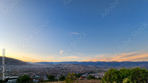 VIEW OF THE CITY OF AYACUCHO. ACUCHIMAY VIEWPOINT. SUNSET IN AYACUCHO. PERU TOURISM.