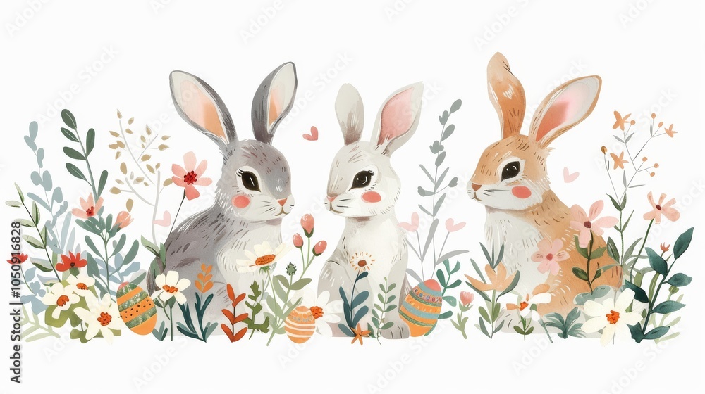 Obraz premium Playful Easter bunnies with floral crowns and pastel eggs, vector illustration on a white background