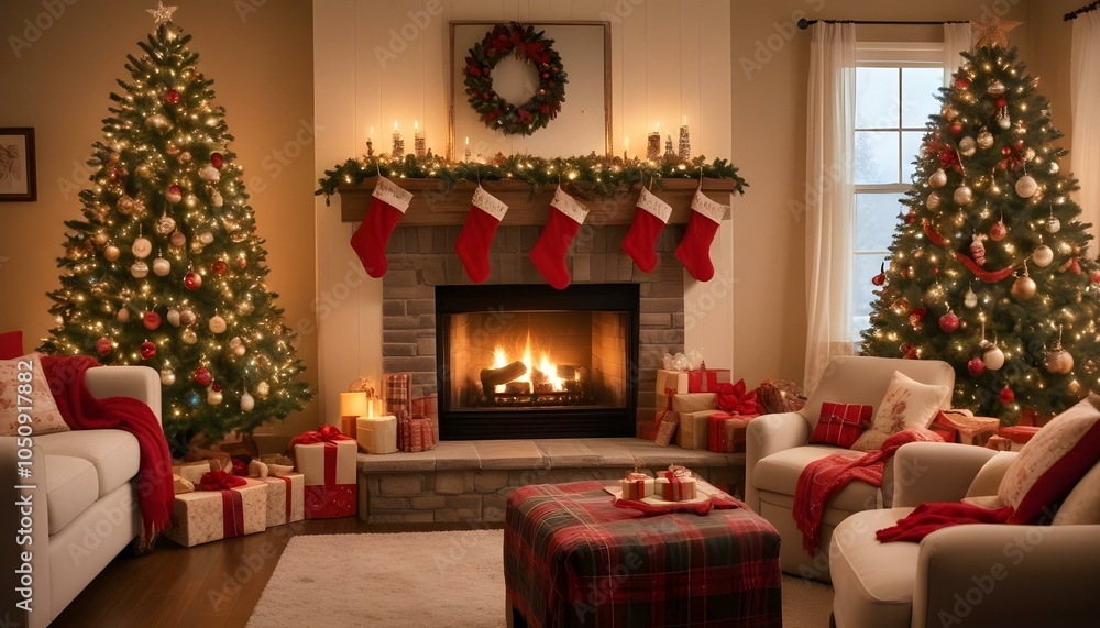 A cozy fireplace adorned with festive stockings hung with care and a beautifully decorated Christmas tree nearby. Capturing the warmth and joy of the holiday season at home. A cozy fireplace adorned with festive stockings hung with care and a beautifully decorated Christmas tree nearby. Capturing the warmth and joy of the holiday season at home.