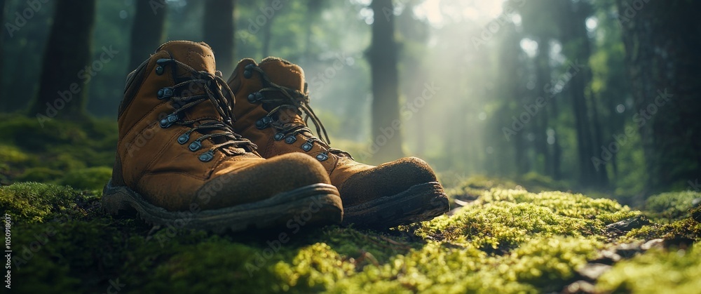 Obraz premium Exploring nature with sturdy hiking boots on moss covered ground in the forest at sunrise