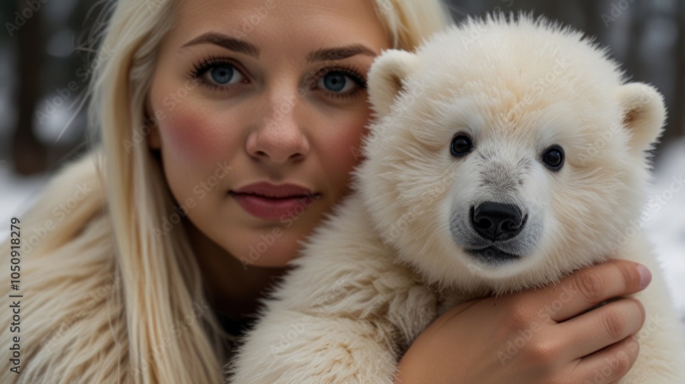 A young woman with blonde hair and blue eyes looks at the camera while holding a white polar bear cub. A young woman with blonde hair and blue eyes looks at the camera while holding a white polar bear cub.