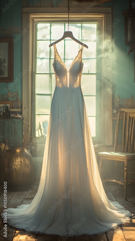 Fototapeta premium Elegant Wedding Dress Hanging in Rustic Setting