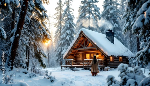 Charming wooden cabin nestled in a winter forest, surrounded by snow-covered trees, creating a serene and peaceful winter escape.