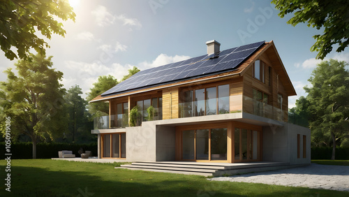 Sketch of an eco-friendly house with solar panels and trees: a symbol of sustainable life generative ai