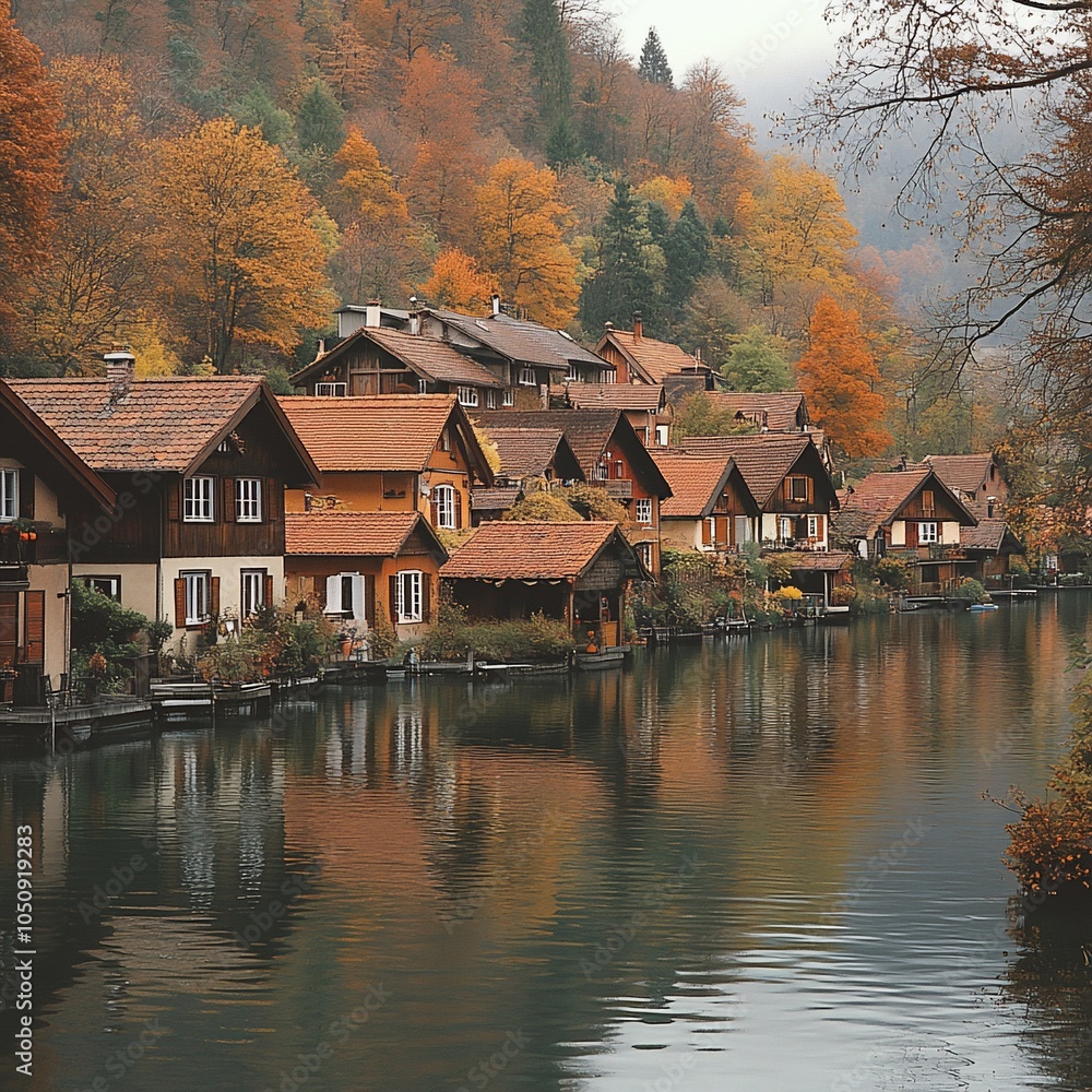 Obraz premium A picturesque village with traditional houses lining a calm river, surrounded by autumn foliage and a misty atmosphere.