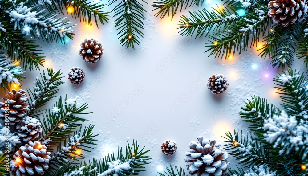 Wintery scene featuring pine cones and branches on a white background, perfect for holiday-themed designs with space for personalized text or seasonal messages.