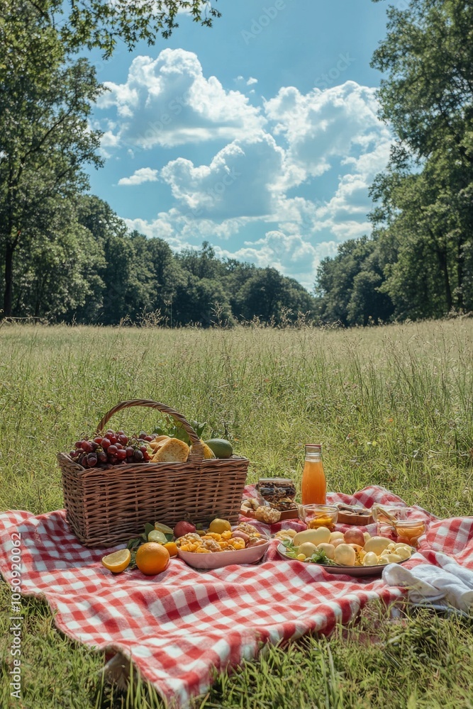 A serene outdoor picnic with baskets and fresh fruits under a bright blue sky in a green field A serene outdoor picnic with baskets and fresh fruits under a bright blue sky in a green field