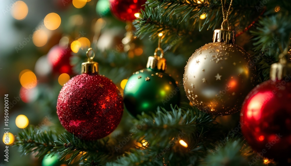 Delicate ornaments hanging on a Christmas tree, adding a touch of elegance and festive charm to the holiday season Delicate ornaments hanging on a Christmas tree, adding a touch of elegance and festive charm to the holiday season