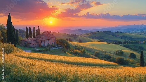 A picturesque Italian villa nestled amidst rolling hills with a vibrant sunset sky in the background.